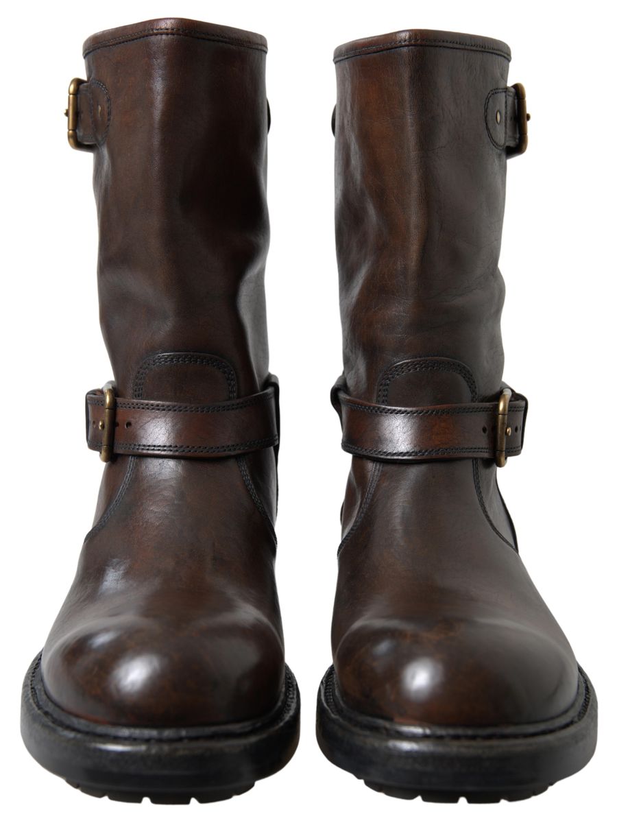 Dolce & Gabbana Elegant Brown Leather Mid-Calf Biker Boots