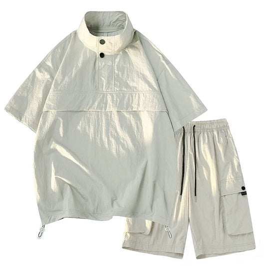 New Men's Summer Sports Windproof Set 2024 Short Sleeved+Shorts Casual Wear Fashionable Men's To Men High Neck Short Sleeved