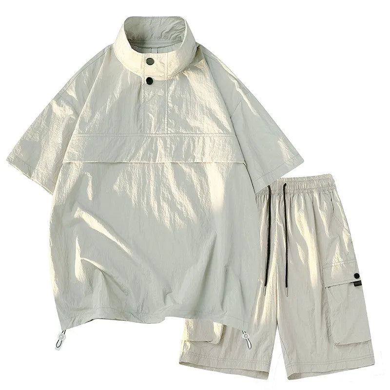 New Men's Summer Sports Windproof Set 2024 Short Sleeved+Shorts Casual Wear Fashionable Men's To Men High Neck Short Sleeved