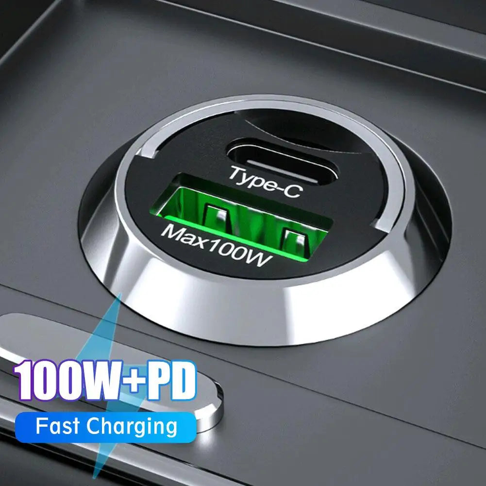 200w Mini Car Charger Lighter Fast Charging 100w Pd Usb Type C Dual Ports Invisible Metal Charger For S1f3