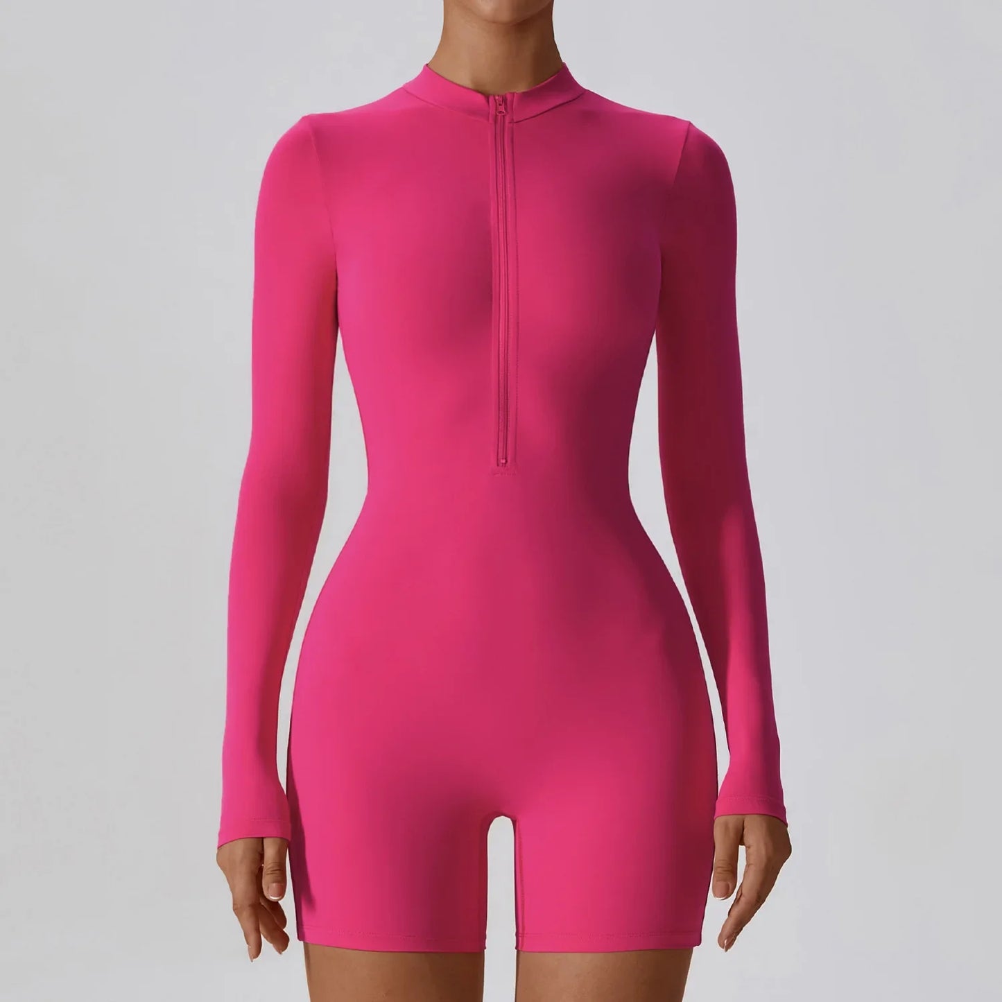 Long Sleeve Front Zip Bodysuit Shorts, Biker Shorts Unitard