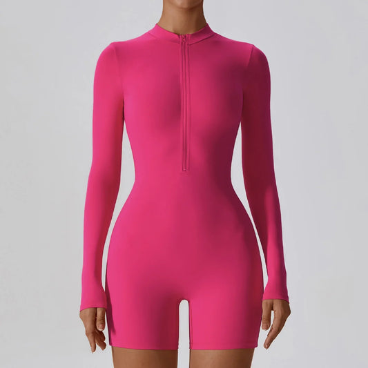 Long Sleeve Front Zip Bodysuit Shorts, Biker Shorts Unitard