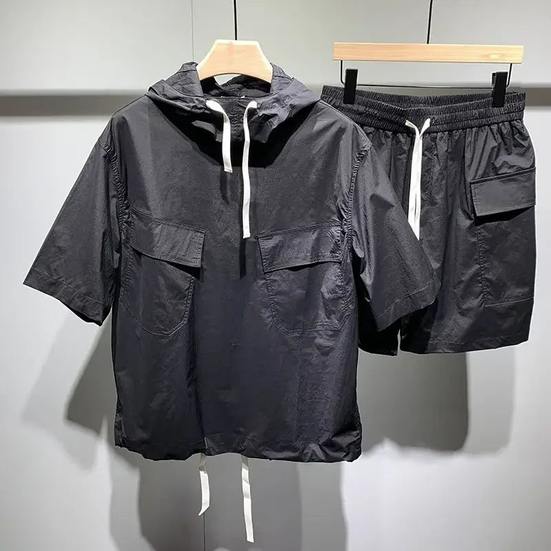Summer Men's Athletic Short Sleeves Solid Sport Outfit Pocket Drawstring Hooded Casual Thin Short Sleeve Shirt&outdoor Shorts