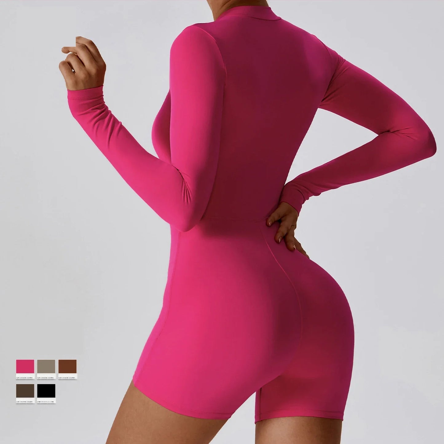 Long Sleeve Front Zip Bodysuit Shorts, Biker Shorts Unitard