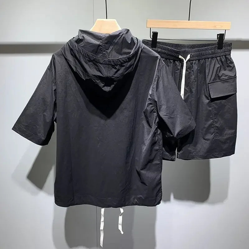 Summer Men's Athletic Short Sleeves Solid Sport Outfit Pocket Drawstring Hooded Casual Thin Short Sleeve Shirt&outdoor Shorts