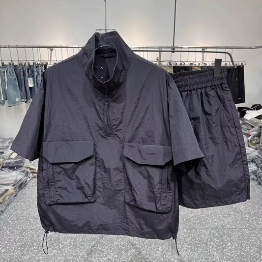 Summer New Men's Quick Dry Lightweight Short Sleeve Suit Loose Fit Breathable Jacket Shorts 2-piece Set Couple Suit Men