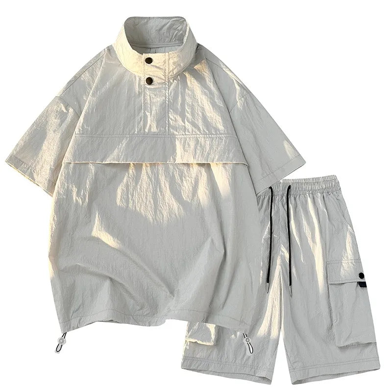 New Men's Summer Sports Windproof Set 2024 Short Sleeved+Shorts Casual Wear Fashionable Men's To Men High Neck Short Sleeved