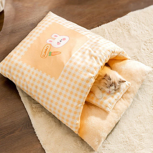 Cute Cat Bed Warm Cat Sleeping Bag Deep Sleep Cave Winter Detachable Pet House Bed for Cats Dogs Nest Pillow with Pillow