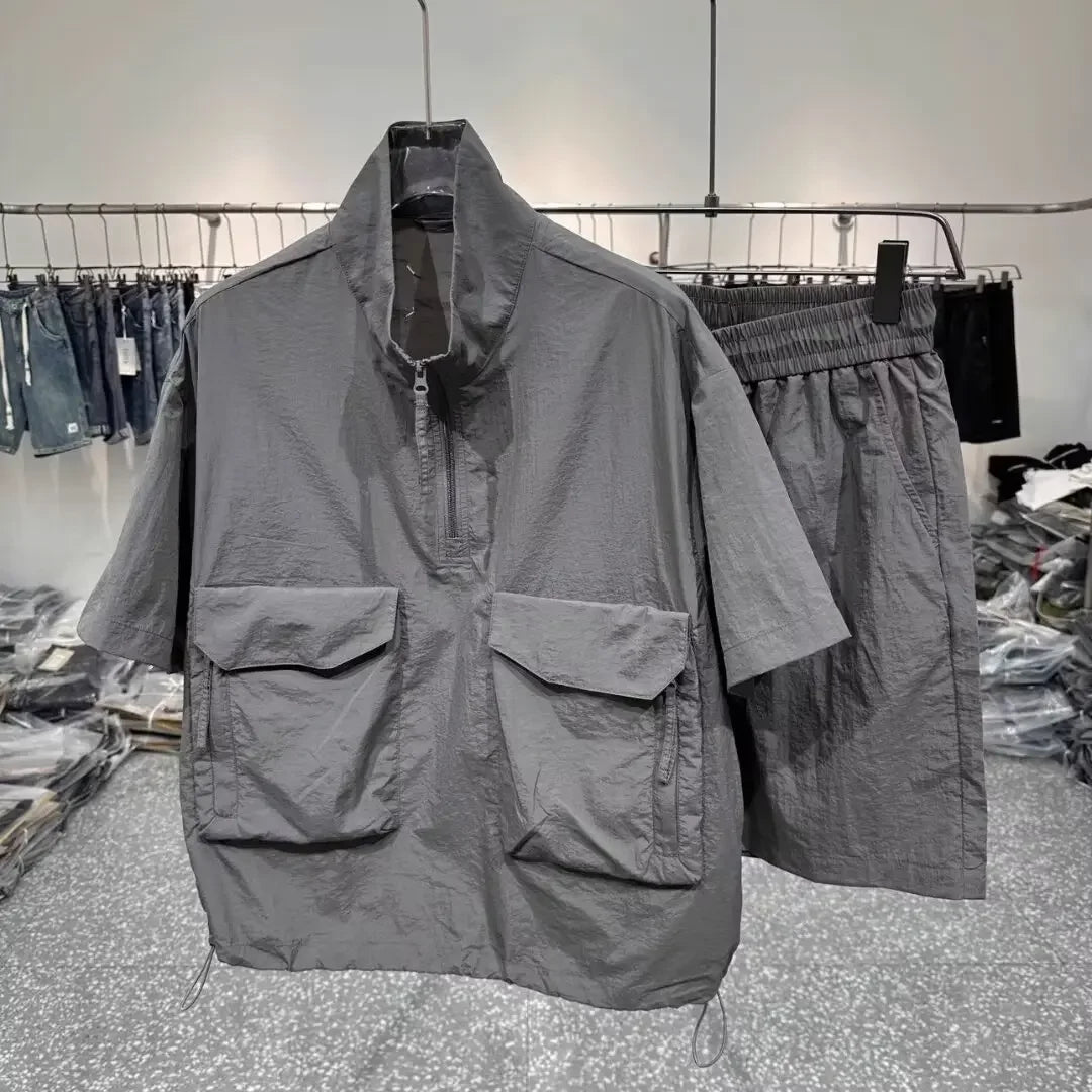 Summer New Men's Quick Dry Lightweight Short Sleeve Suit Loose Fit Breathable Jacket Shorts 2-piece Set Couple Suit Men