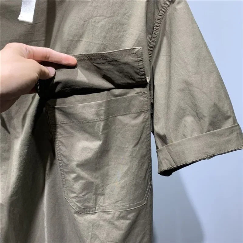 Summer Men's Athletic Short Sleeves Solid Sport Outfit Pocket Drawstring Hooded Casual Thin Short Sleeve Shirt&outdoor Shorts