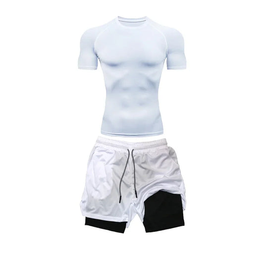 Men's Compression Tight Suit Quick-drying Short-Sleeved Double-Layer Shorts Sports Fitness Suit Casual Summer