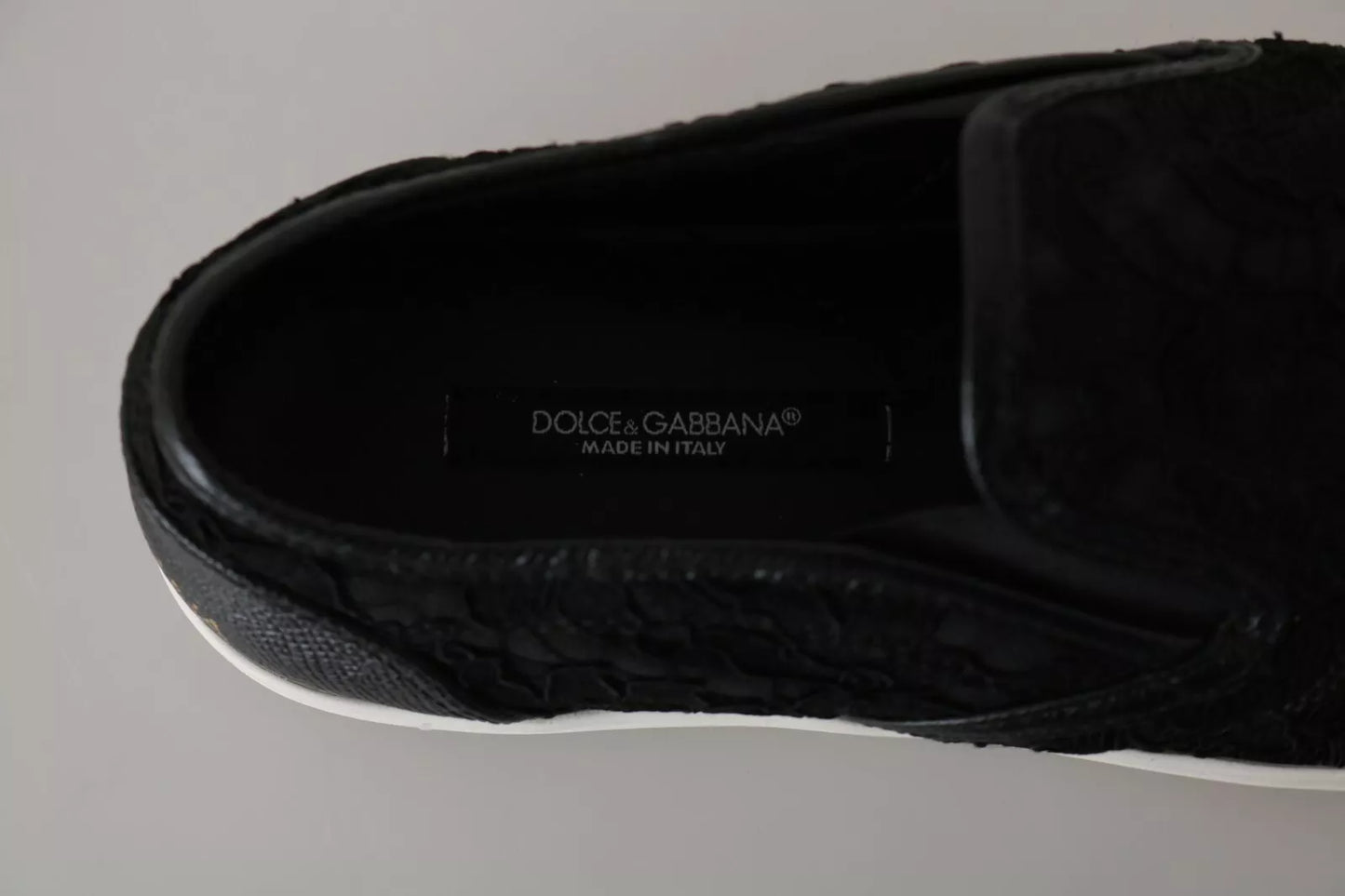 Dolce & Gabbana Black Lace Leather Logo Flat Slip-On Sneakers