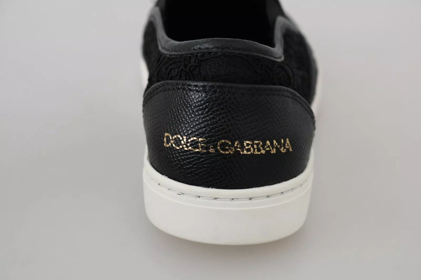 Dolce & Gabbana Black Lace Leather Logo Flat Slip-On Sneakers