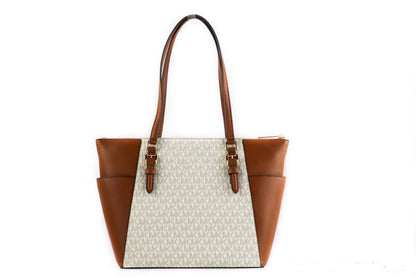 Michael Kors Charlotte Signature Leather Large Top Zip Tote Handbag Bag (Vanilla)