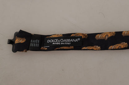 Dolce & Gabbana Black Orange Car Print Silk Bow Tie
