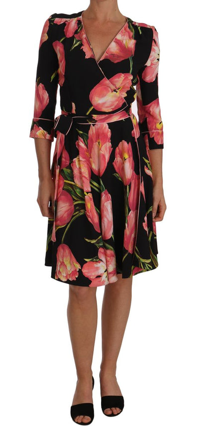 Dolce & Gabbana Elegant Black Shift Dress with Pink Tulips Print