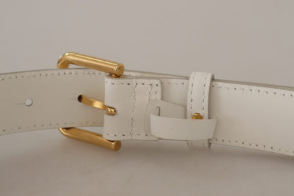 Dolce & Gabbana Chic White Leather Belt with Gold Engraved Buckle