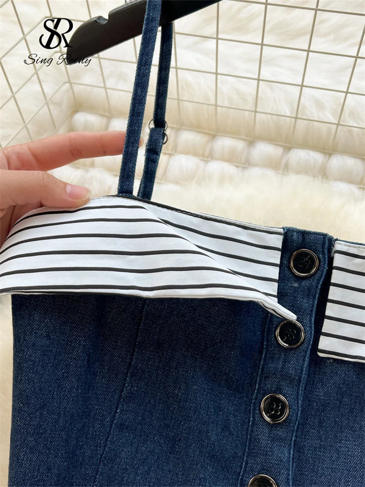 SINGREINY Chic Denim Sets Strap Sleeveless Stripe Camis+Basics Wide Legs Pants Fashion Streetwear Vacation Style Vintage Suits