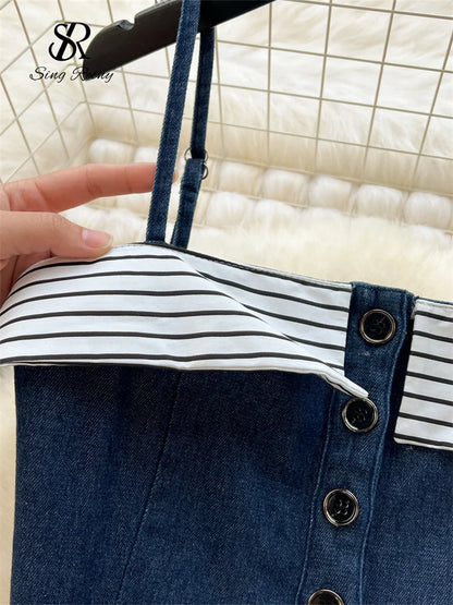 SINGREINY Chic Denim Sets Strap Sleeveless Stripe Camis+Basics Wide Legs Pants Fashion Streetwear Vacation Style Vintage Suits