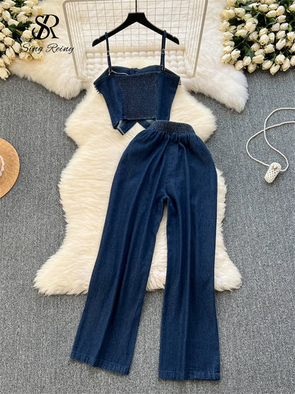 SINGREINY Chic Denim Sets Strap Sleeveless Stripe Camis+Basics Wide Legs Pants Fashion Streetwear Vacation Style Vintage Suits
