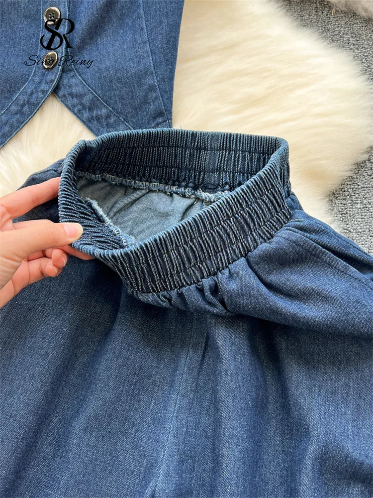 SINGREINY Chic Denim Sets Strap Sleeveless Stripe Camis+Basics Wide Legs Pants Fashion Streetwear Vacation Style Vintage Suits