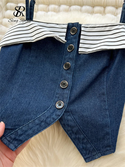 SINGREINY Chic Denim Sets Strap Sleeveless Stripe Camis+Basics Wide Legs Pants Fashion Streetwear Vacation Style Vintage Suits