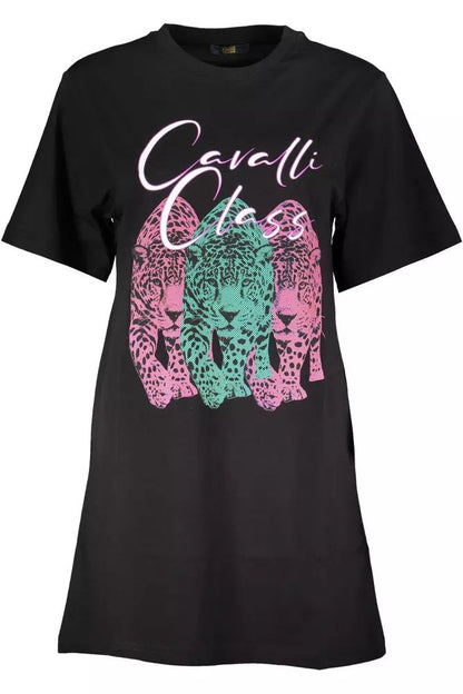 Cavalli Class Chic Black Printed Short Sleeve Dress