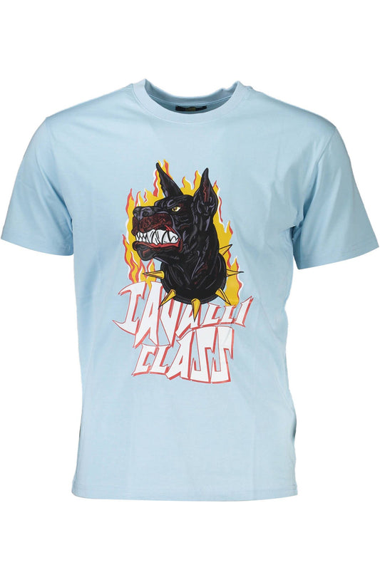 Cavalli Class Elegant Light Blue Cotton Tee with Iconic Print