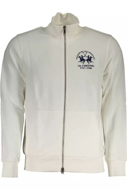 La Martina Elegant White Zip-Up Sweater with Embroidery
