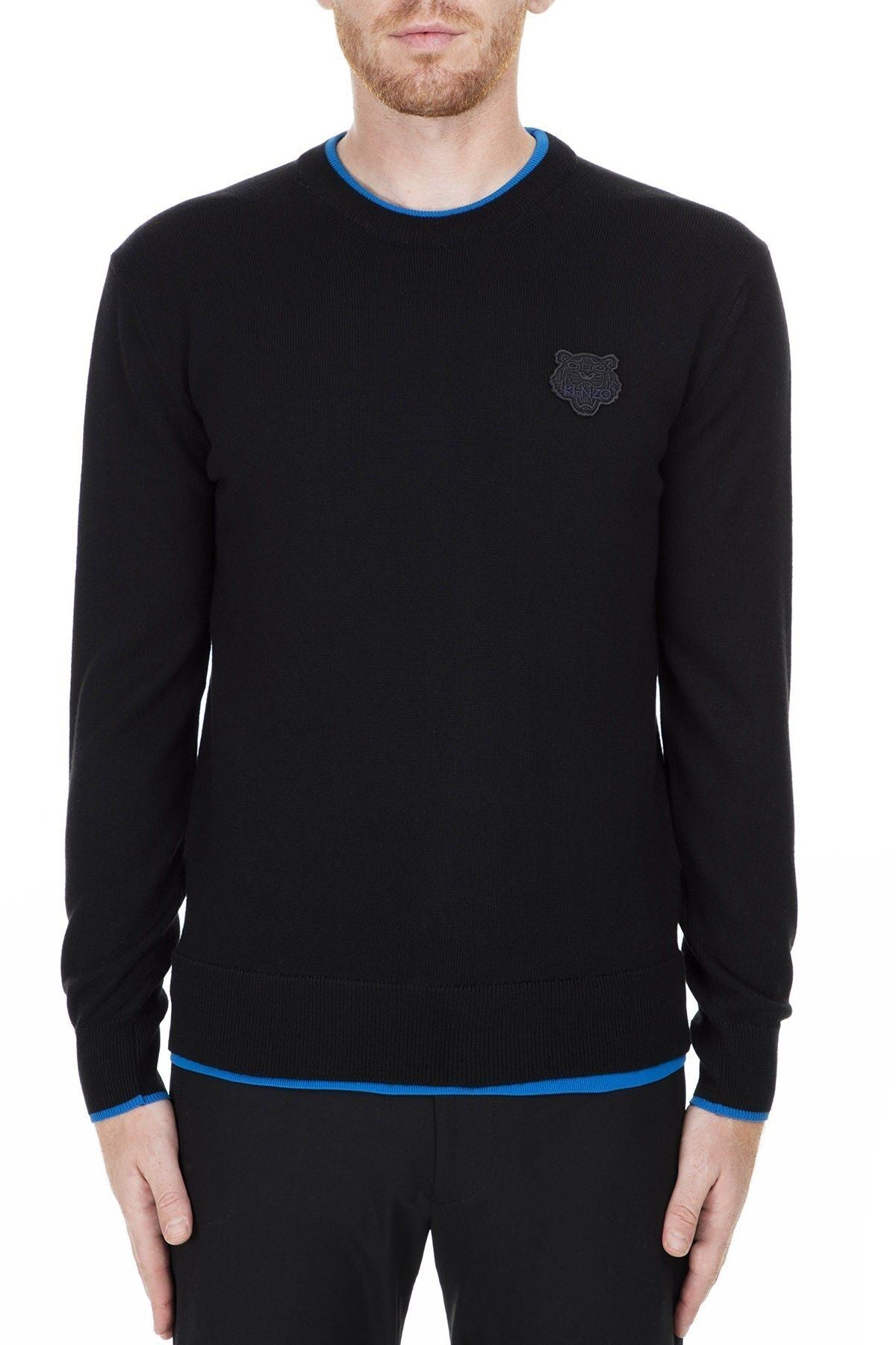 Kenzo Sleek Black Roundneck Sweater with Blue Accents