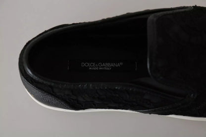 Dolce & Gabbana Black Lace Leather Logo Flat Slip-On Sneakers